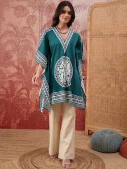 First Resort by Ramola Bachchan - Teal Floral Mandala Printed Geometric Kaftan Tunic