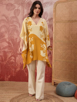 First Resort by Ramola Bachchan - Women Yellow And Orange Colour blocked Floral Kaftan Tunic