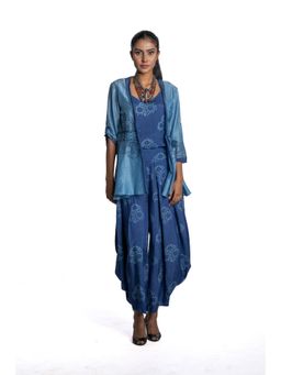 Krishna Mehta - Blue Chanderi Printed Top with Dhoti & Jacket (Set of 3)