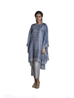 Krishna Mehta - Blue Chanderi Asymmetric Printed Kaftan (Set of 2)