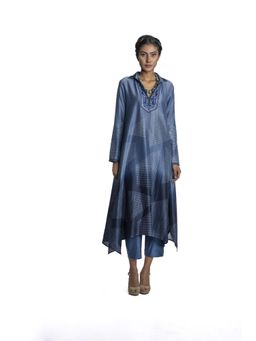 Krishna Mehta - Navy Blue Chanderi Printed Kurta (Set of 2)