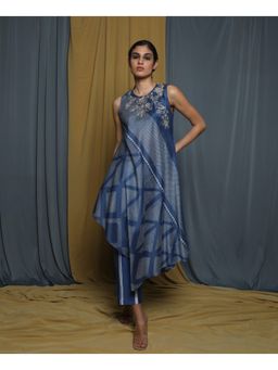 Krishna Mehta - Navy Blue Printed Asymetric Kurta