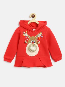 Nautinati - Girls Red Self Design Hoodie