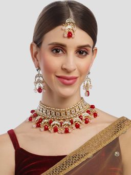 Karatcart - Gold Plated Red Tumble and Pink Beads Choker Necklace (Set of 3)