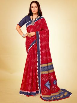 Sareemall - Women's Cotton Blend Red Embellished Celebrity Saree with Unstitched Blouse