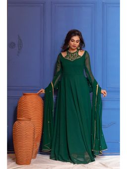 NUD - Green Illusion Neck Anarkali Kurta with Dupatta (Set of 2)