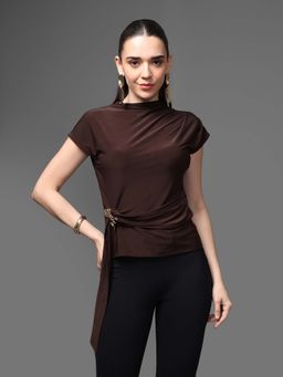 Kazo - Brown Morticia Mock Tie Up with Buckle Detail Top