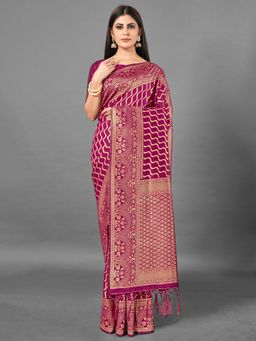 Akhilam - Womens Silk Blend Magenta Woven Design Designer Saree with Unstitched Blouse