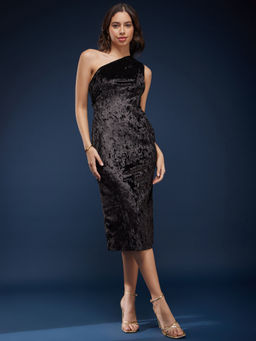 FableStreet - One Shoulder Velvet Dress - Black