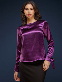 FableStreet - Satin Tie-Up Round Neck Top - Purple