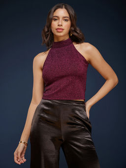 FableStreet - High Neck Nylon Top - Maroon