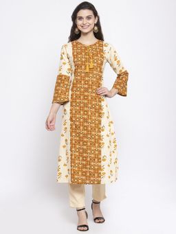 Indibelle - Cotton Mustard Floral Print A-line Kurta With Trouser (Set of 2)
