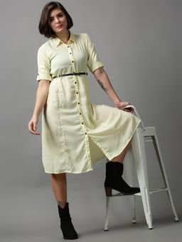 SHOWOFF - Womens Shirt Collar Solid Yellow Midi Dress (Set of 2)