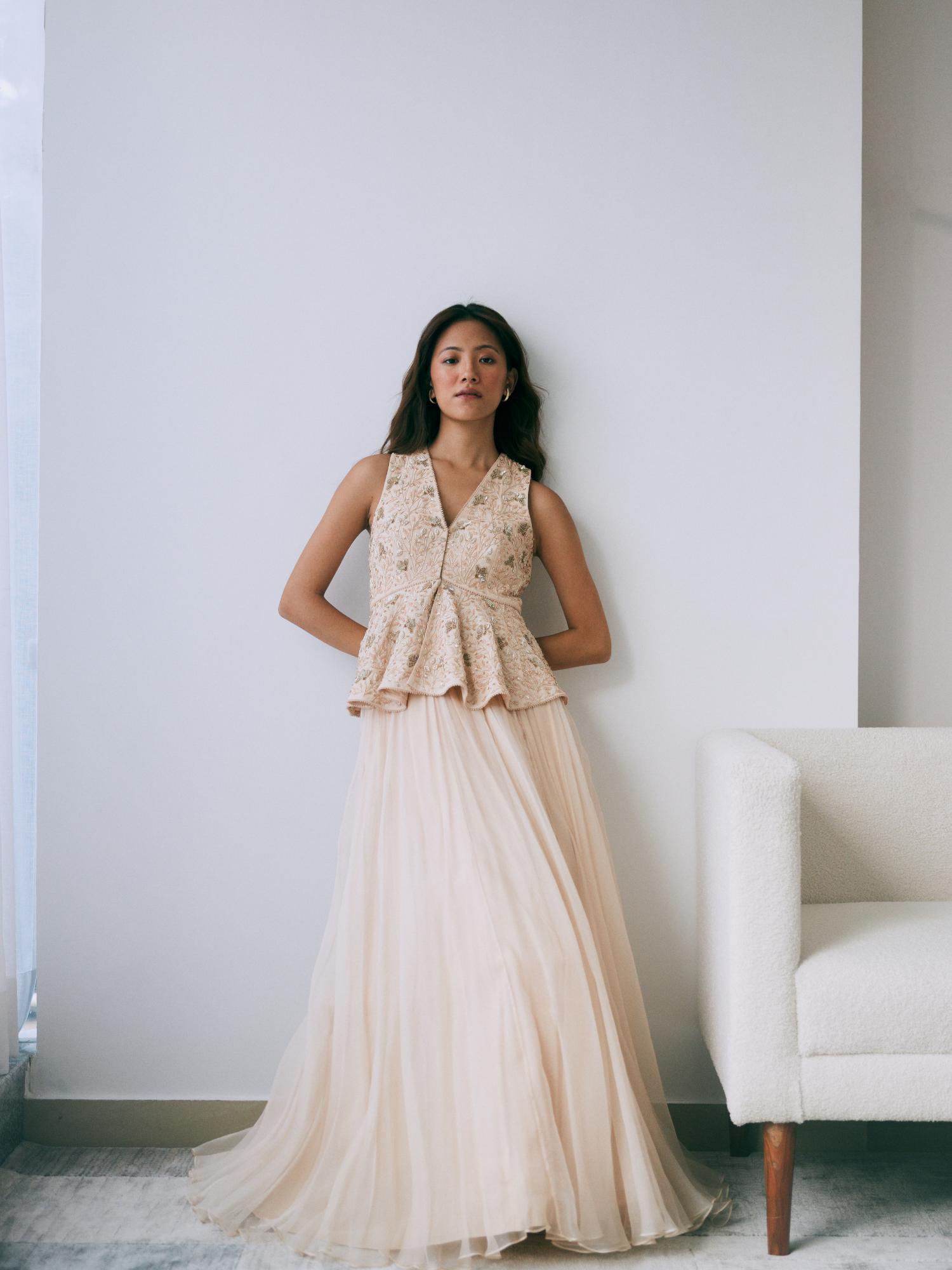 Buy Lavanya Ahuja Pearled Sand Peplum Lehenga with Blouse and