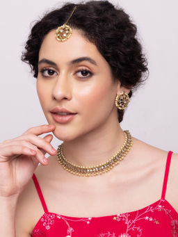 Indya - Gold Mirror Studded Earring Maangtika Necklace Set (Set of 3)