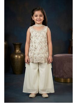 Lagorii - Off White Embroidered Georgette Top with Palazzo and Dupatta