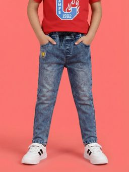Nautinati - Boys Pure Cotton Stretchable Dark Cloud Wash Embroidered Jogger Jeans