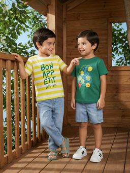 Nautinati - Boys Pure Cotton Striped and Graphic Crew Neck T-shirts (Pack of 2)