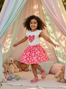 Nautinati - Girls Red Co-Ord Set with Heart Applique and Print Top and Skirt