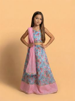 Nautinati - Girls Cotton Blend Woven Festive Floral Print Lehenga and Choli with Dupatta