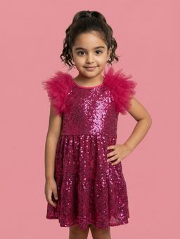 Nautinati - Girls Solid Sequinned A-line Party Ruffle Mesh Sleeves Dress
