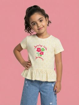 Nautinati - Girls Off-white Polka All-over Print and Floral Graphic Peplum Top