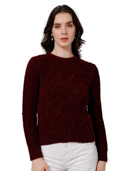 Cantabil - Women Maroon Self Design Casual Sweater