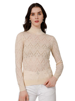 Cantabil - Women Beige Self Design Casual Sweater