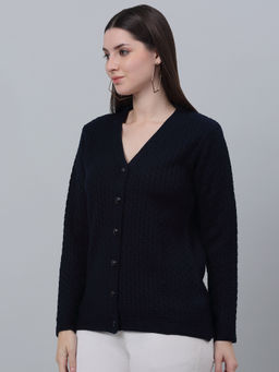 Cantabil - Women Navy Blue Self Design Casual Cardigan