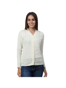 Cantabil - Women Off White Self Design Casual Cardigan