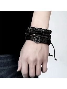 Yellow Chimes - Men 3 Black Leather Wraparound Bracelet