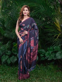 Beatitude - Black Purple Silk Blend Saree with Unstitched Blouse
