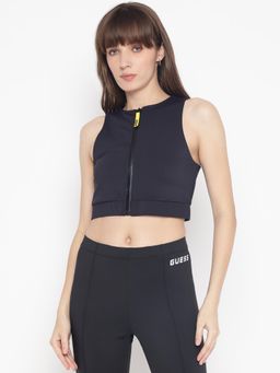 Guess - Women's Navy Blue Solid Round Sleeveless Crop Top