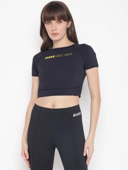 Guess - Women's Navy Blue Printed Round Short Sleeve Crop Top