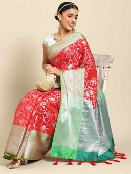 Silk Land - Womens Brocade Soft Silk Red Zari Woven Saree with Unstitched Blouse