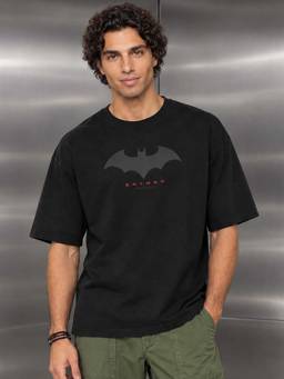 Bewakoof - Official DC Men's Black Batman Outline Logo Graphic Printed Oversized T-shirt