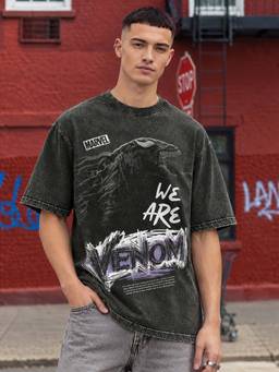 Bewakoof - Official Marvel Men's Black Venom Graphic Printed Oversized Acid Wash T-shirt