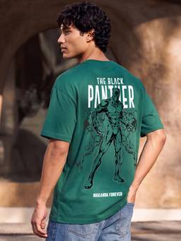 Bewakoof - Official Marvel Men's Green Wakanda Forever Graphic Printed Oversized T-shirt