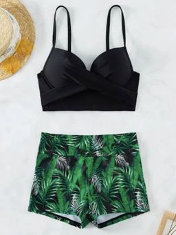 WomanLikeU - Black Tropical Print Swimwear (Set of 2)