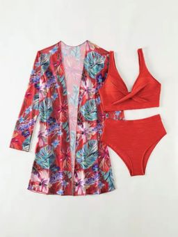 WomanLikeU - Red Bikini Top With Bikini Bottom And Shrug (Set of 3)