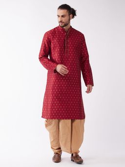 Vastramay - Mens Maroon & Rose Gold Silk Blend Kurta with Dhoti (Set of 2)