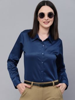 Style Quotient - Women Solid Petrol Navy Blue Satin Formal Shirt