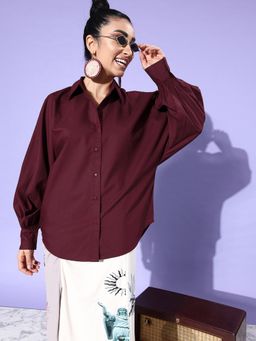 Style Quotient - Women Solid Maroon Polycotton Smart Casual Oversized Shirt