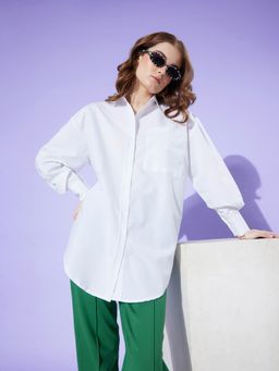 Style Quotient - Women Solid White Cotton Smart Casual Oversized Shirt