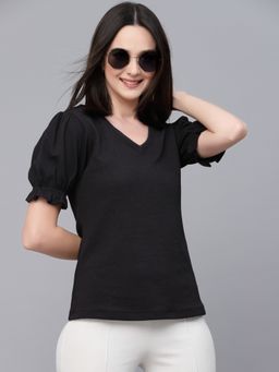 Style Quotient - Women Black Poly Knit Smart Casual Short Sleeve Top