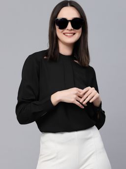 Style Quotient - Women Solid Black Polyester Cutout Smart Casual Top