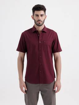 BASICS - Mens Oxford Solid Maroon Half Sleeves Casual Shirt