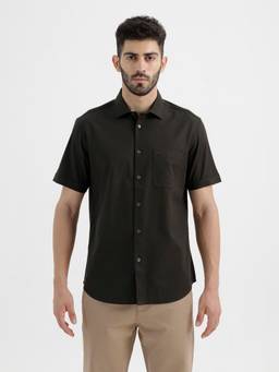 BASICS - Mens Oxford Solid Black Half Sleeves Casual Shirt