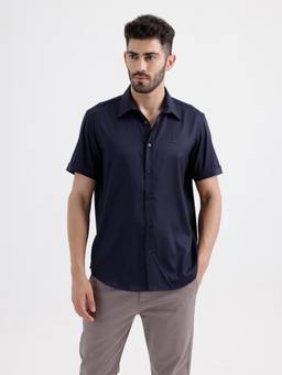 BASICS - Mens Twill Solid Navy Blue Half Sleeves Casual Shirt