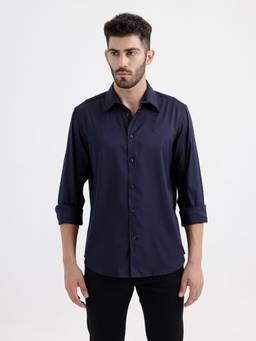 BASICS - Mens Twill Solid Navy Blue Full Sleeves Casual Shirt